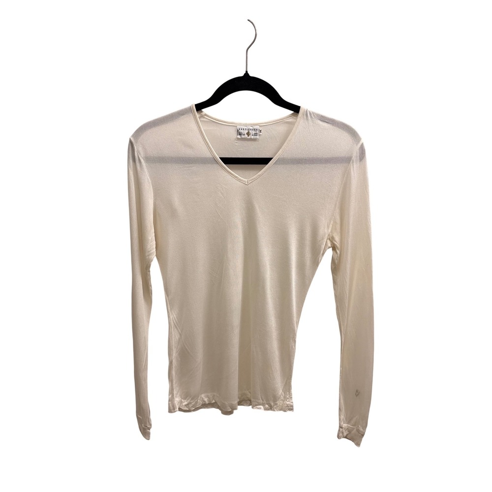 V-Neck Vintage Mary Green Women Medium Cream Silk Long Sleeve Base Layer Top